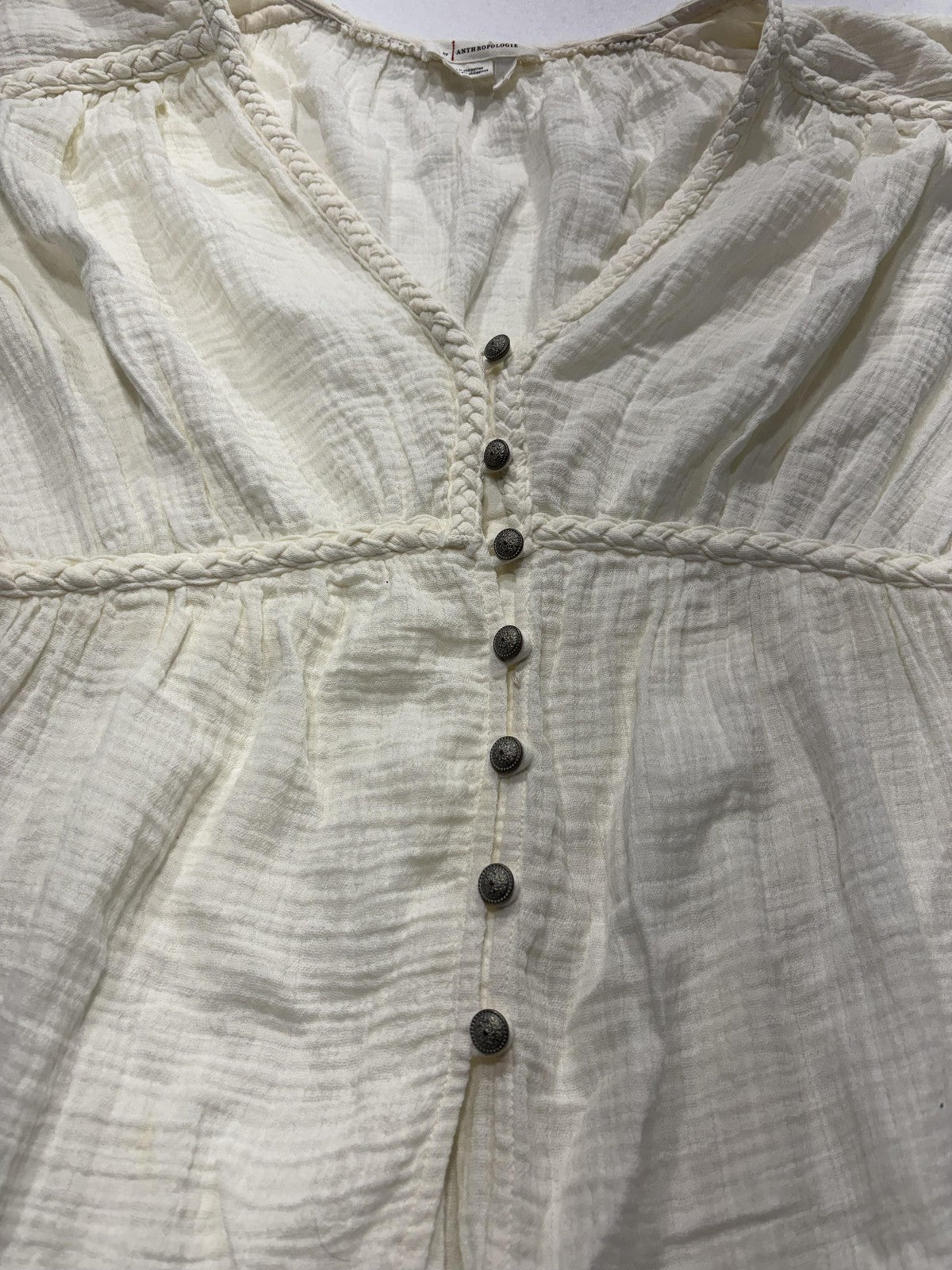 Anthropologie Dress Womens Medium White V Neck Button Front Braided Hi Low Boho