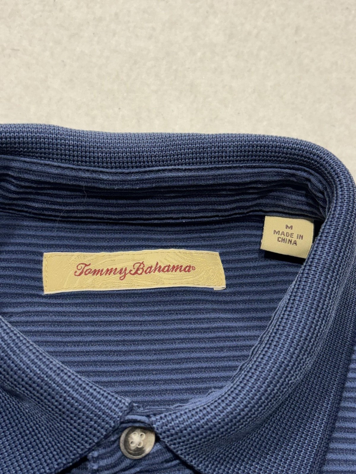 Tommy Bahama Polo Shirt Mens Medium Blue Striped Knit Short Sleeve Golf Casual