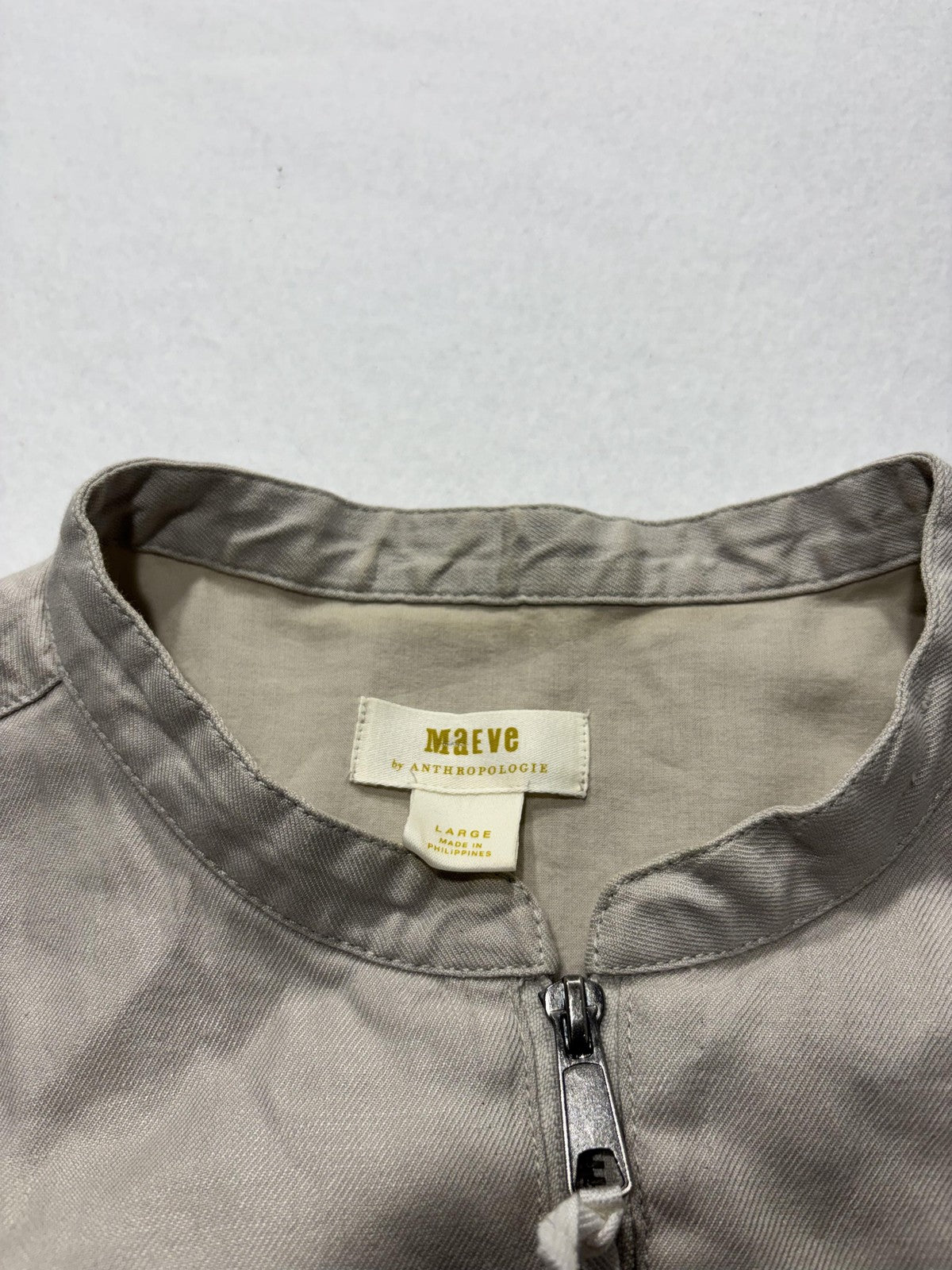 Maeve Jacket Womens L Beige Linen Blend Collarless Full Zip Waist Drawstring