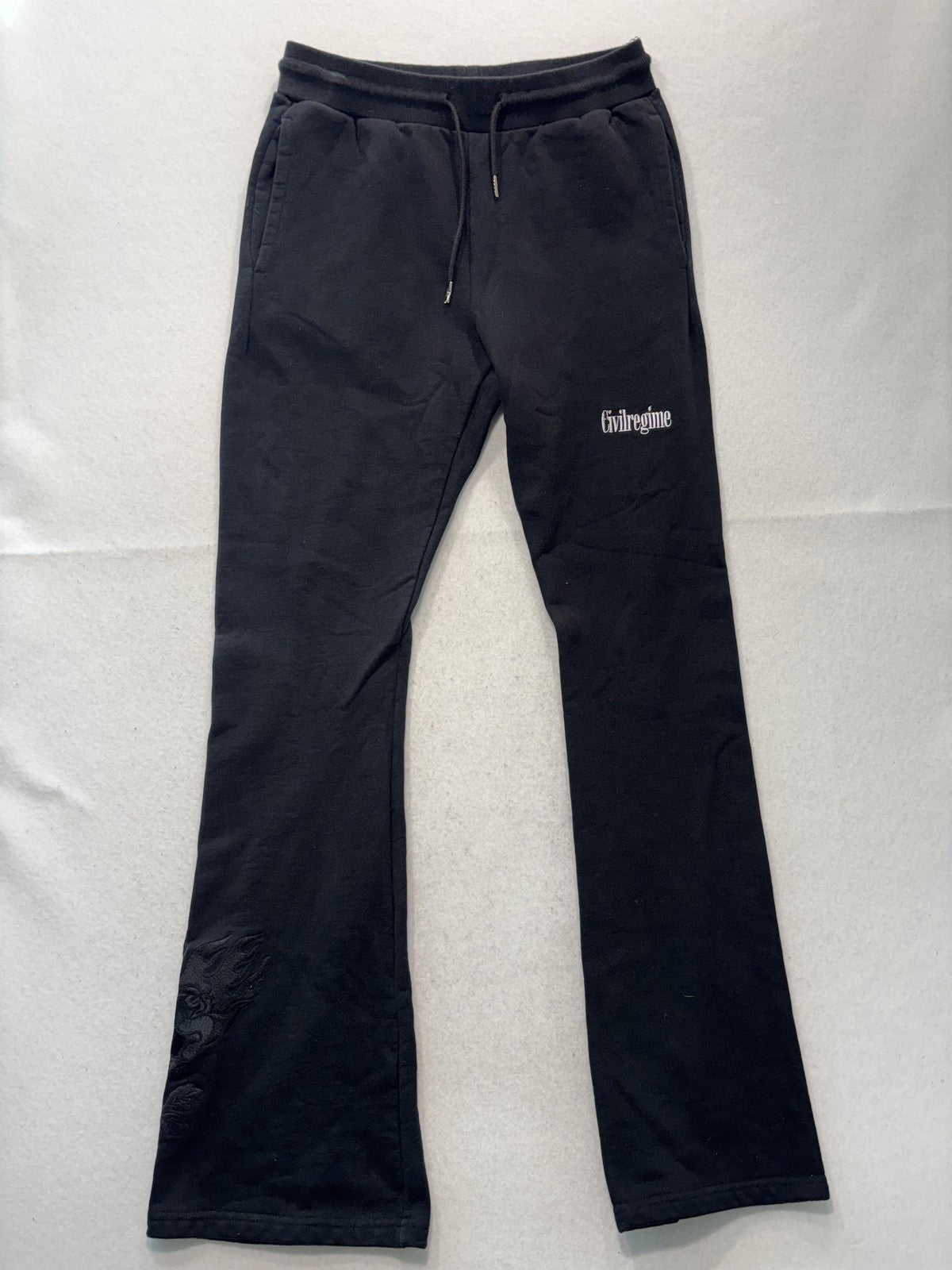 Civil Regime Mens Large Black Fleece Flare Leg Sweatpants Embroidered Dragon