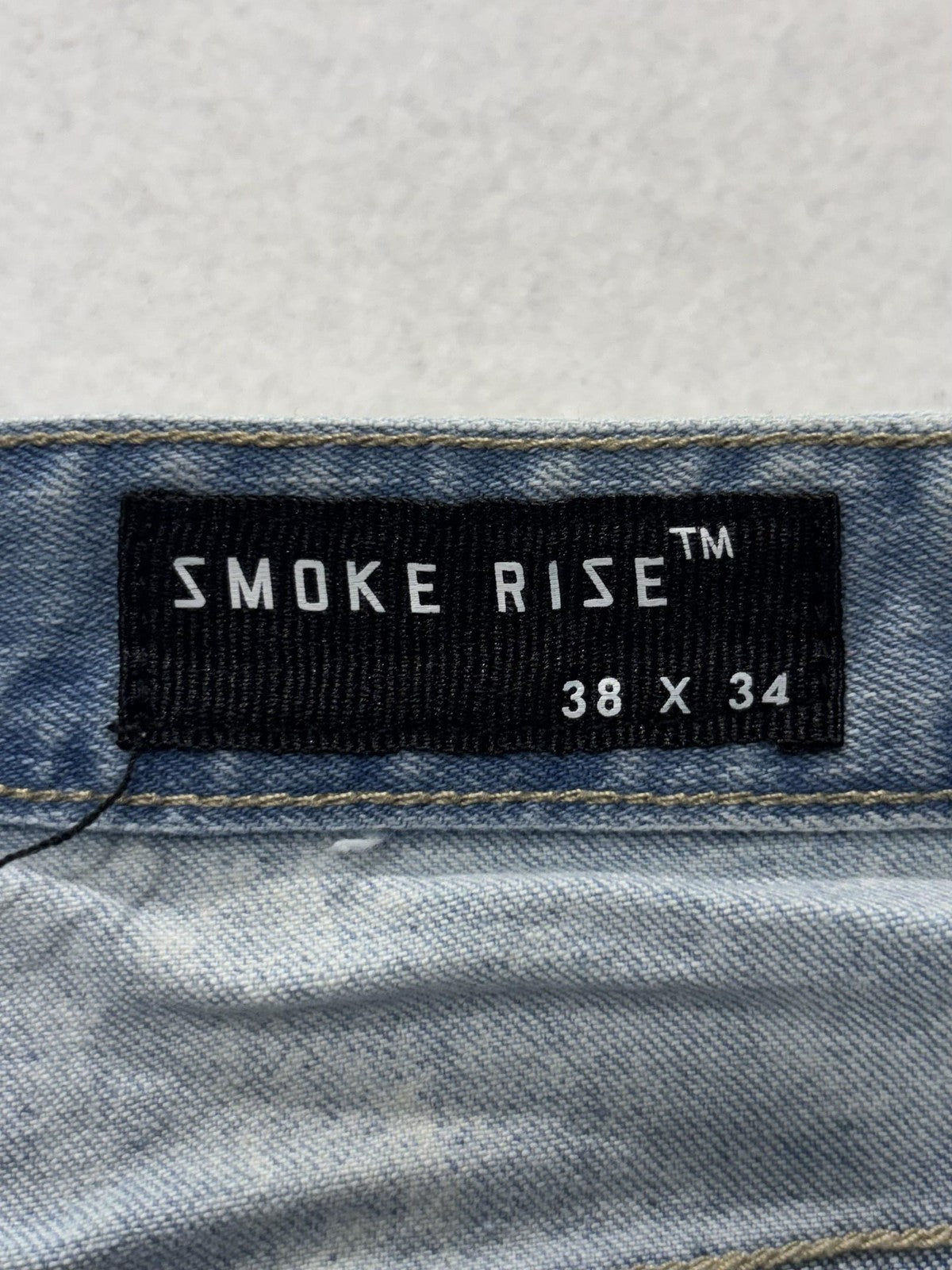 Smoke Rise Jeans Mens 38x34 Blue Light Wash Distressed Moto Biker Slim Tapered