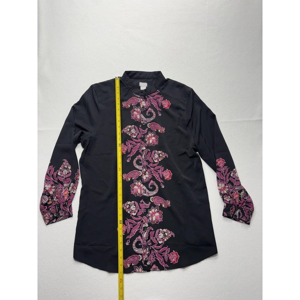 Chicos Womens 2 Black Paisley Floral Tunic Blouse Long Sleeve Mandarin Top