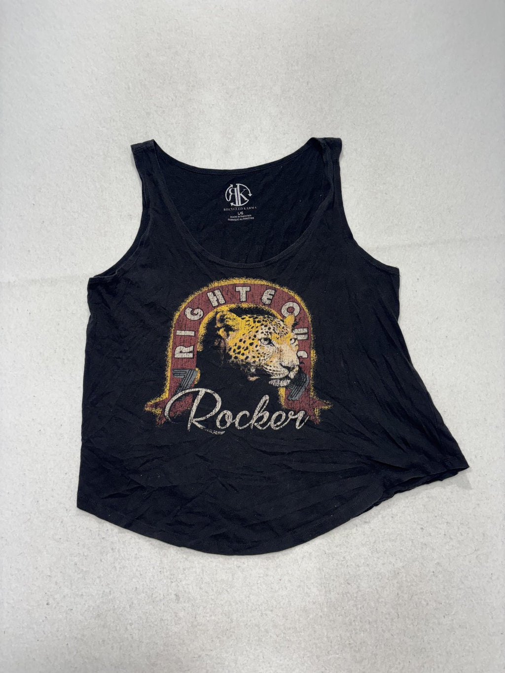 Recycled Karma Tank Top Womens Large Black Righteous Rocker Leopard Graphic