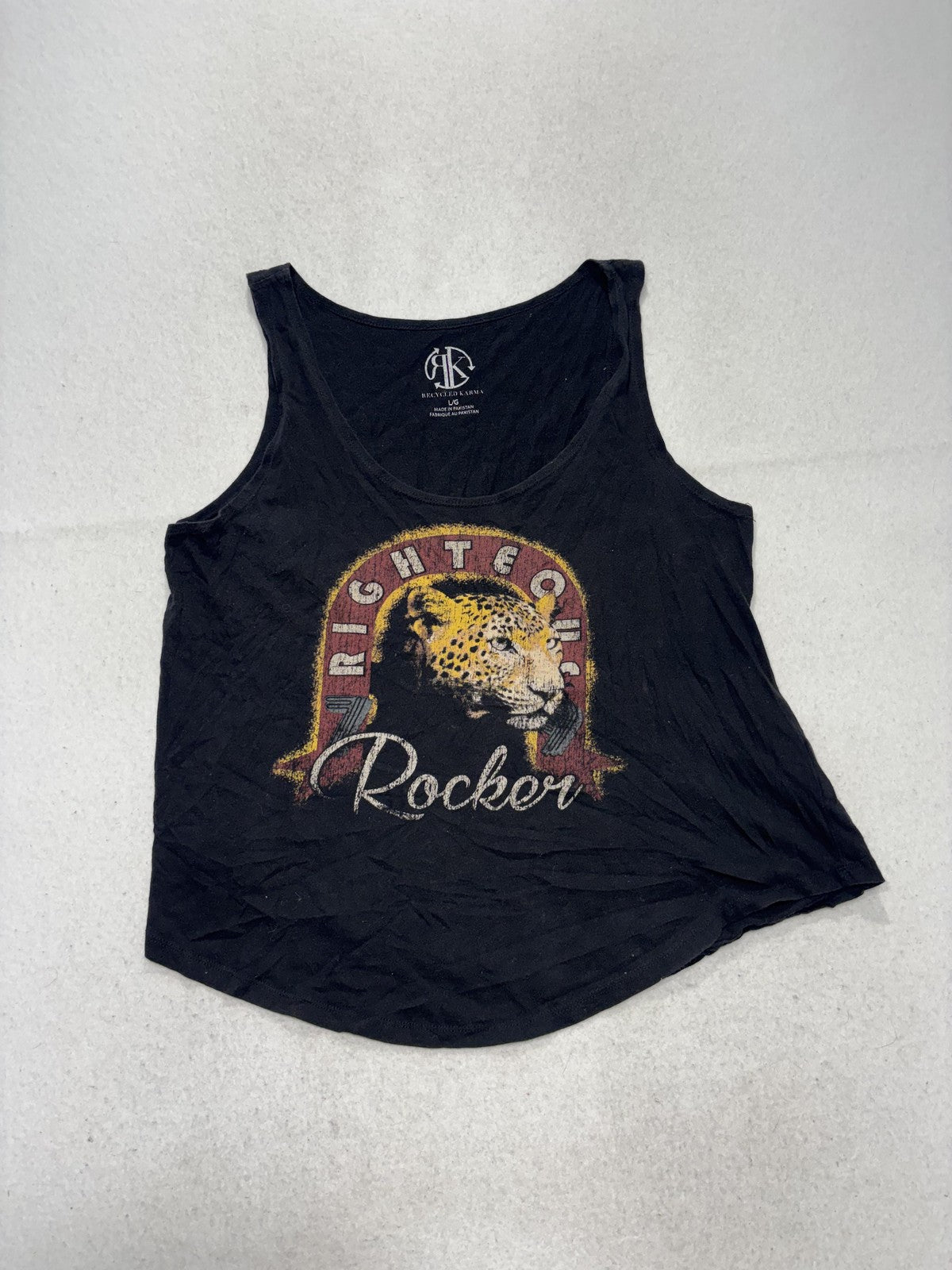 Recycled Karma Tank Top Womens Large Black Righteous Rocker Leopard Graphic