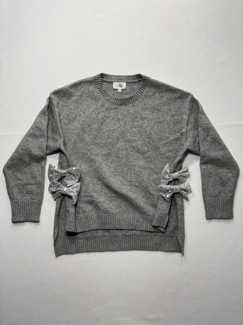 Able Sweater Womens Small Gray Crew Neck Sequin Bow Side Slit Knit Pullover