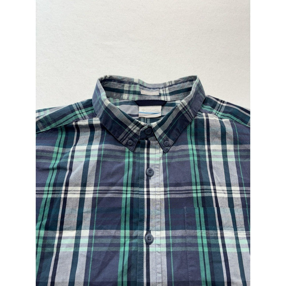 Columbia Shirt Mens Large Blue Green Plaid Short Sleeve Button Up Casual Stretch