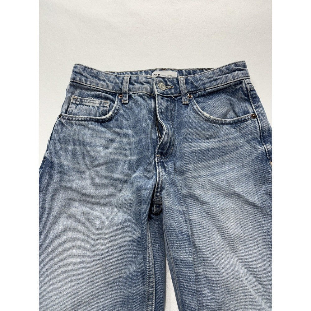Zara Jeans Womens 2 Blue Medium Wash Straight Leg Mid Rise 24x30.5 Distressed
