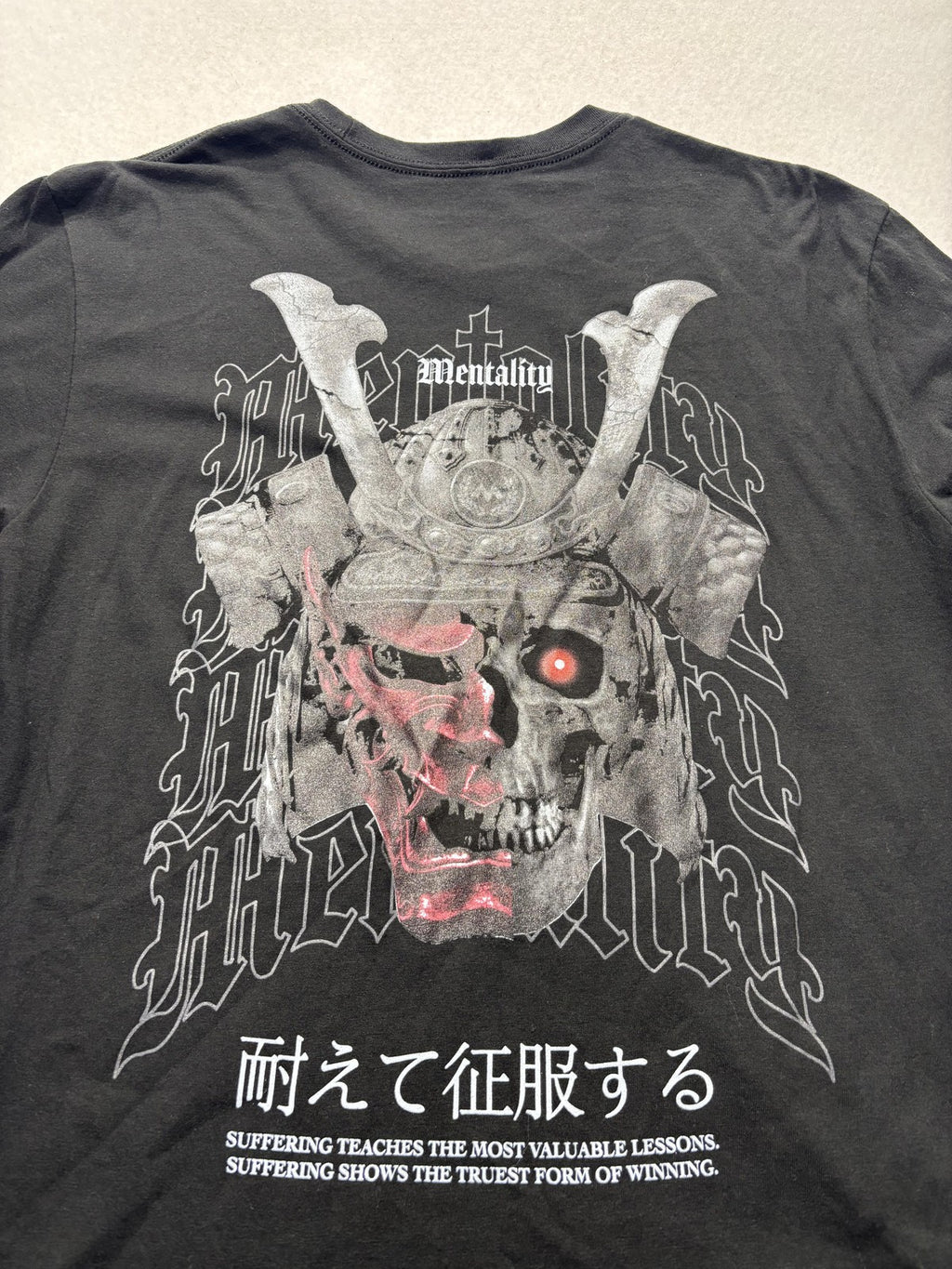 Mentality Shirt Mens Large Black Samurai Skull Graphic Tee Kanji Motto Back