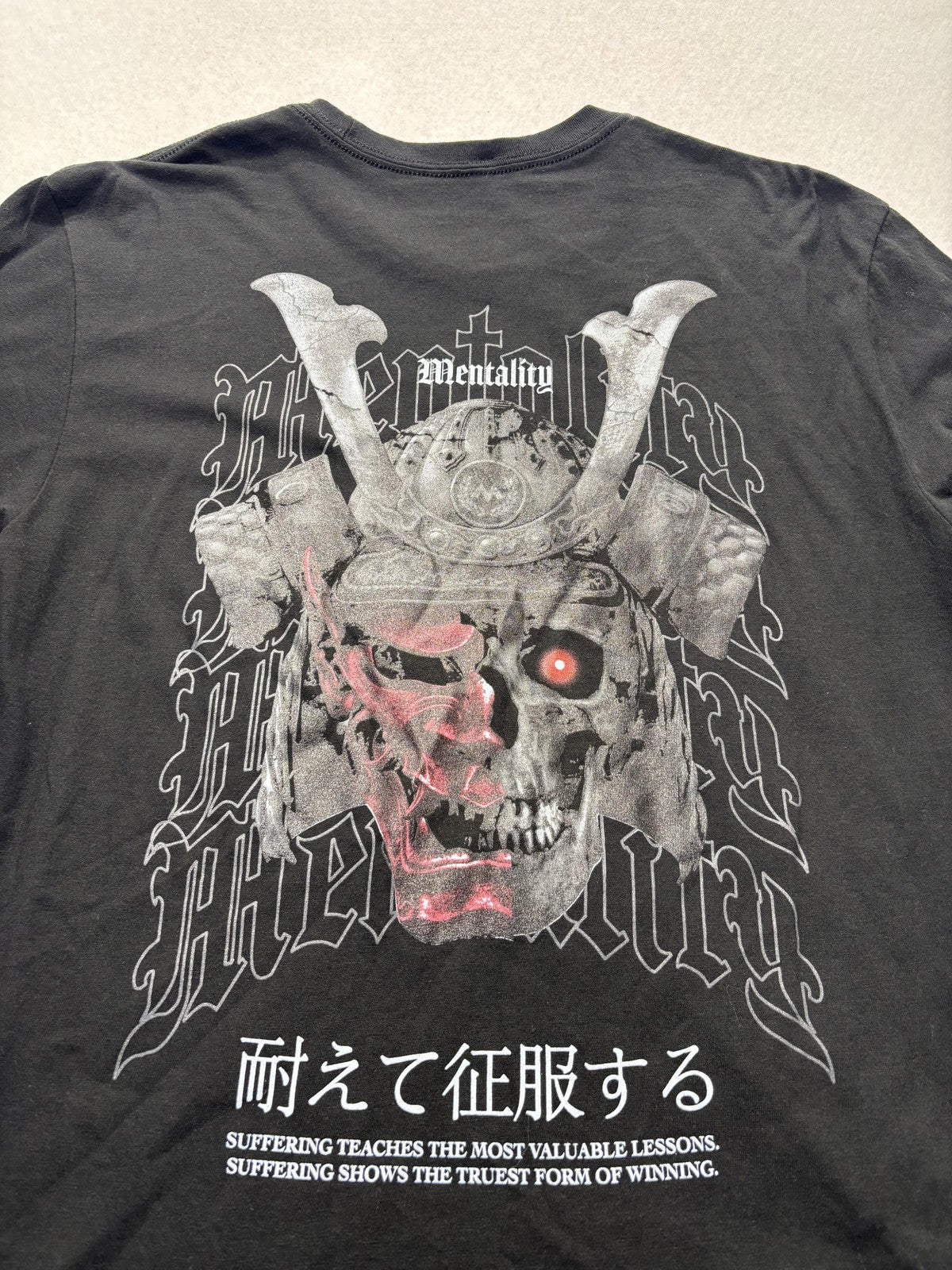 Mentality Shirt Mens Large Black Samurai Skull Graphic Tee Kanji Motto Back