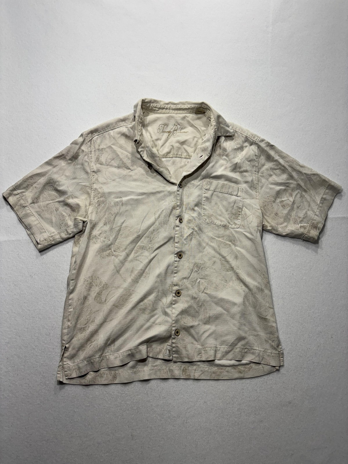 Tommy Bahama Shirt Mens Medium Beige Floral Silk Short Sleeve Button Up Tropical