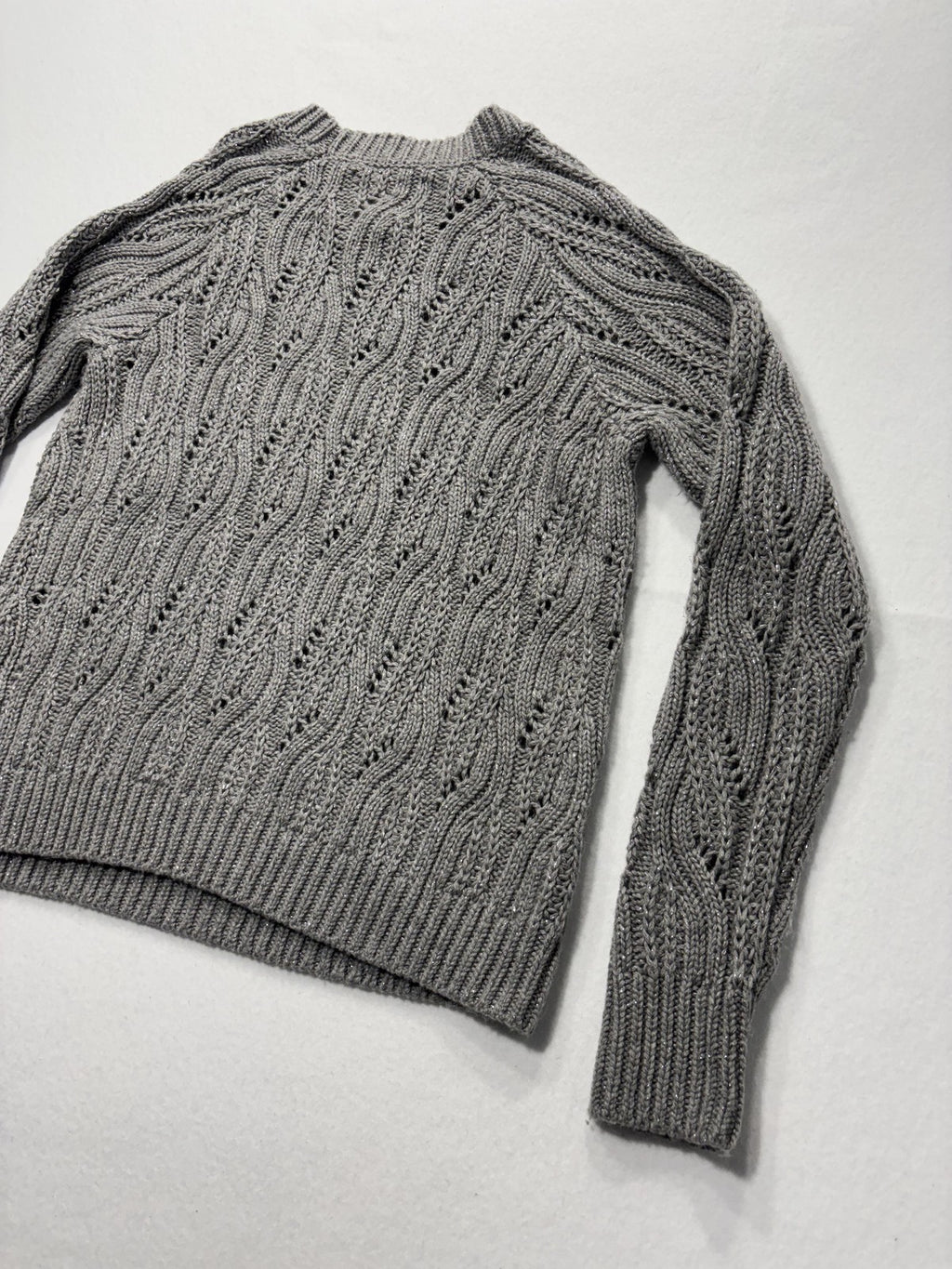 Lucky Brand Sweater Womens Small Gray Open Knit Crew Neck Raglan Glitter Alpaca