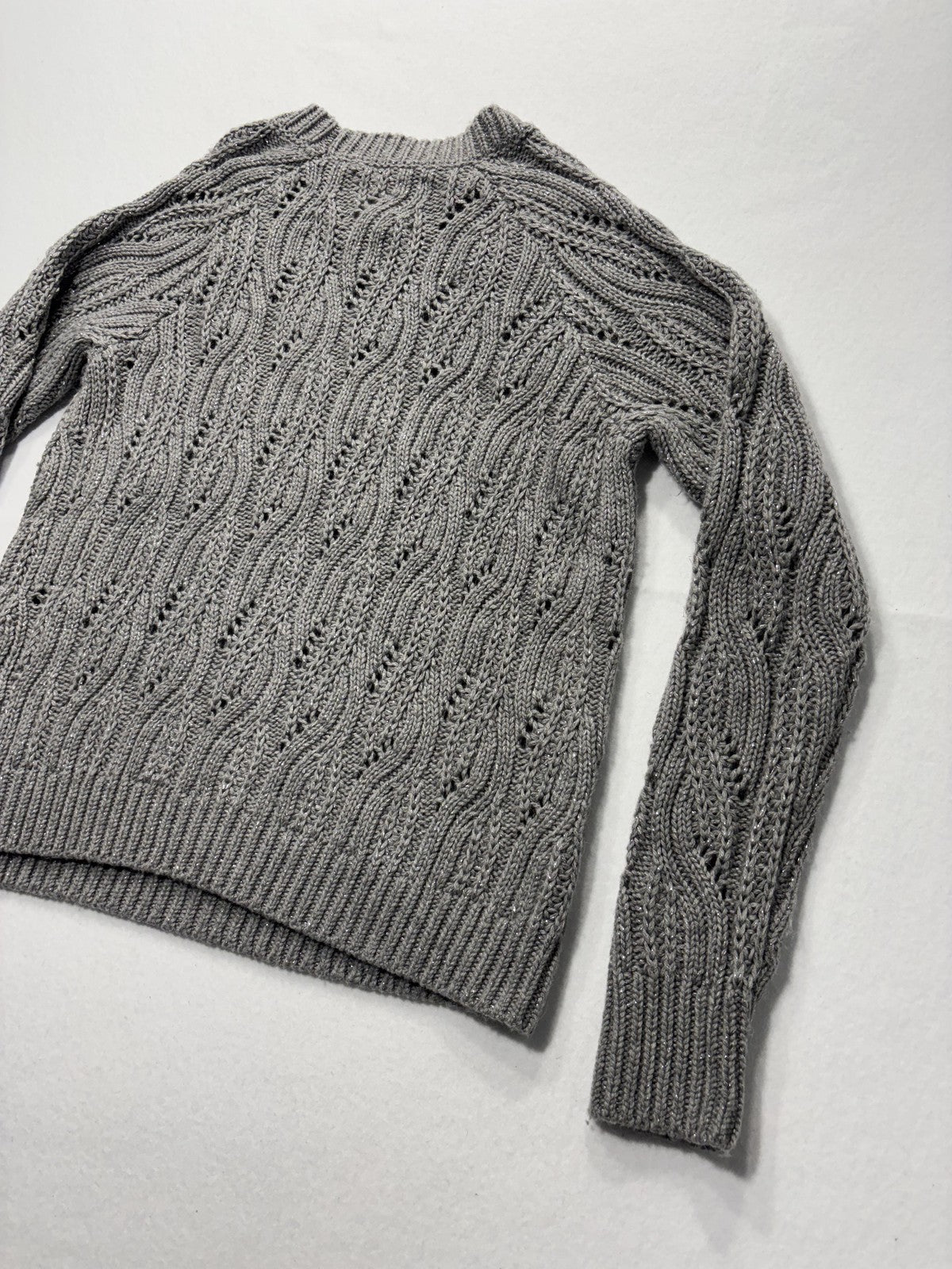 Lucky Brand Sweater Womens Small Gray Open Knit Crew Neck Raglan Glitter Alpaca