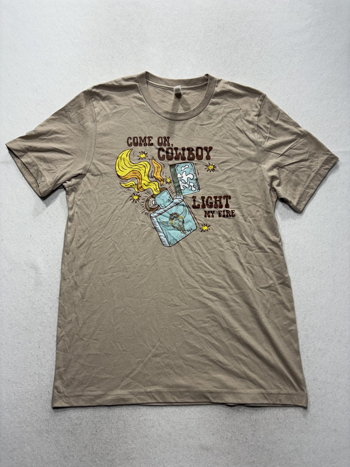 Bella + Canvas Shirt Mens Large Beige Cowboy Light My Fire Graphic Tee Western