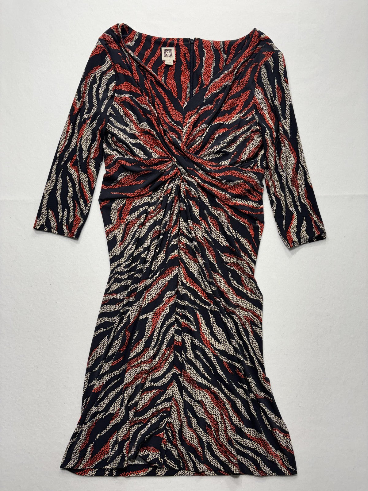 Anne Klein Dress Womens 14 Multi Animal Ruched Sheath 3/4 Sleeve Knee Length