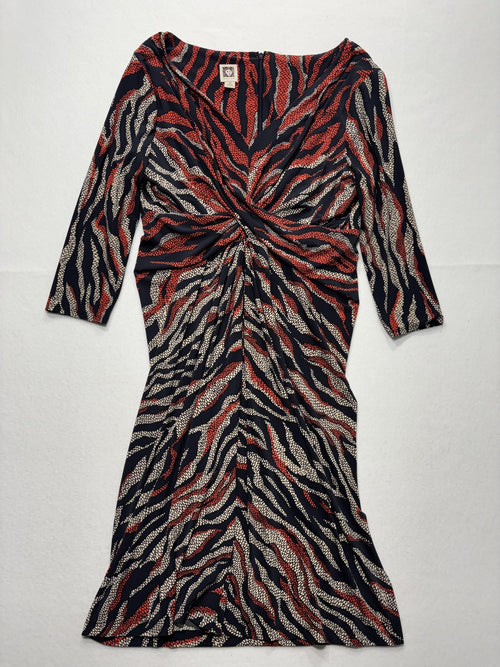 Anne Klein Dress Womens 14 Multi Animal Ruched Sheath 3/4 Sleeve Knee Length