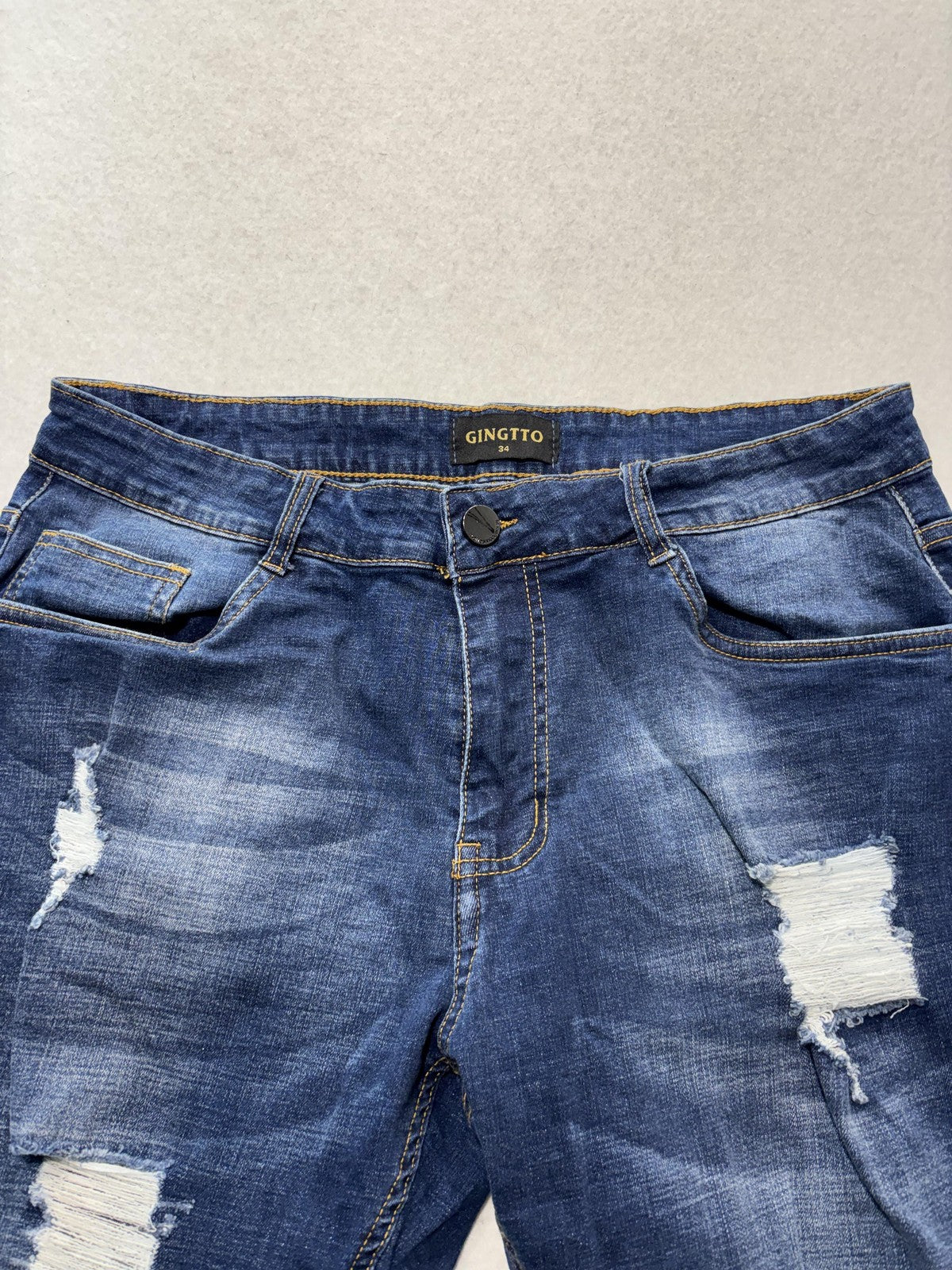GINGTTO Bermuda Shorts Mens 34 Blue Denim 11" Inseam Distressed Slim 5-Pocket