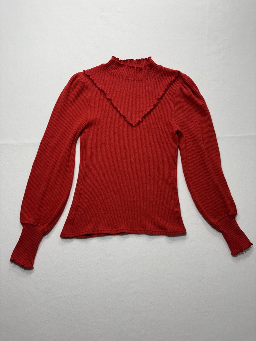 Free People Sweater Womens SP Red Mock Neck Balloon Sleeve Ruffle Knit Slim