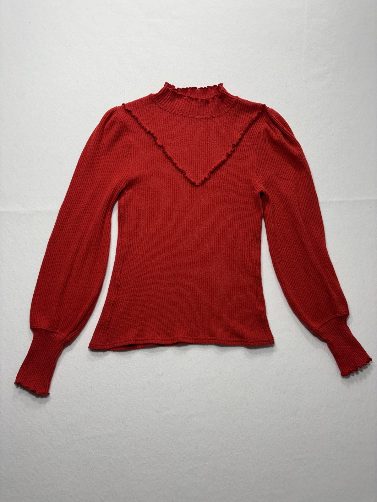Free People Sweater Womens SP Red Mock Neck Balloon Sleeve Ruffle Knit Slim