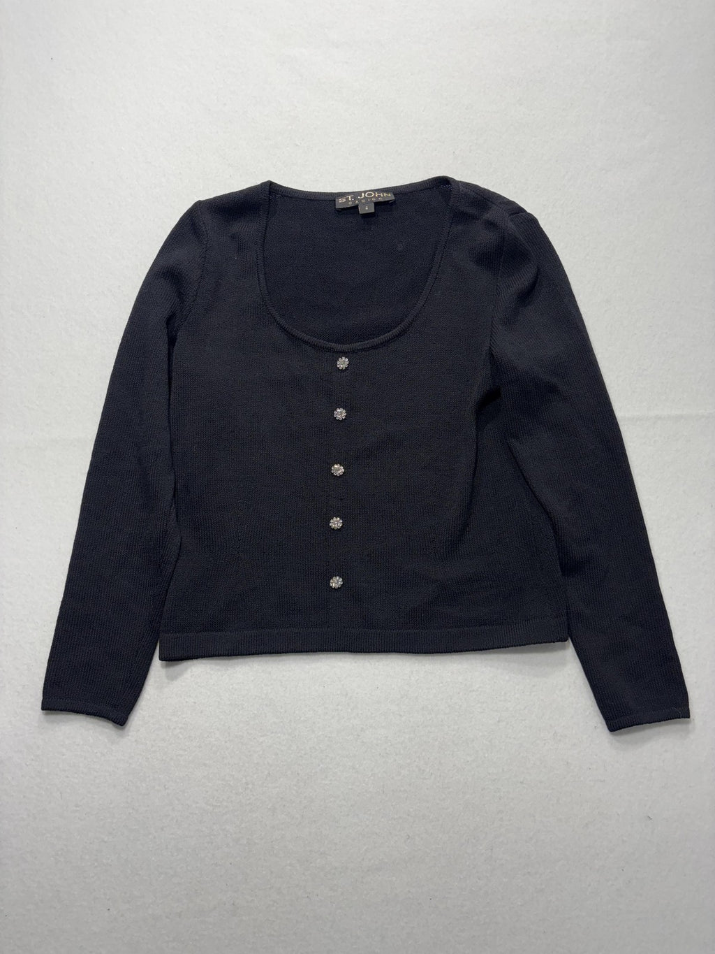 St. John Sweater Womens 4 Black Scoop Neck Rhinestone Button Long Sleeve Knit