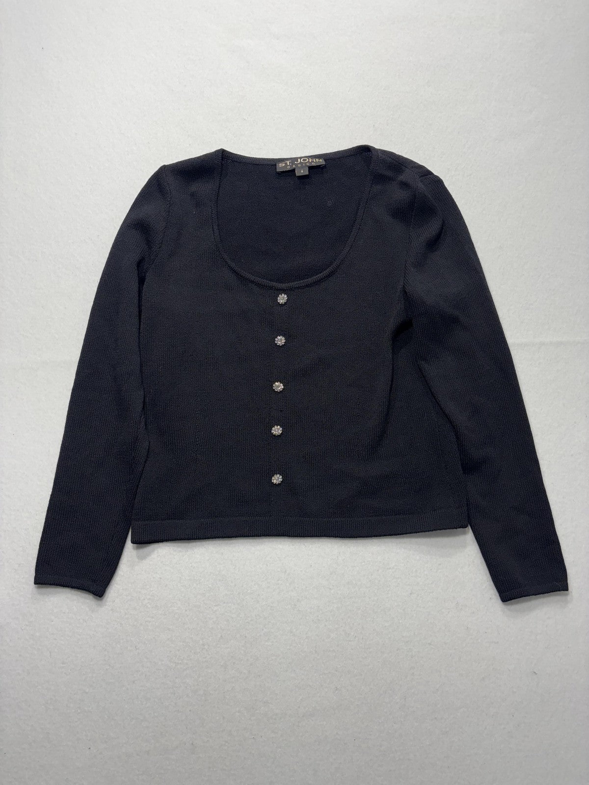 St. John Sweater Womens 4 Black Scoop Neck Rhinestone Button Long Sleeve Knit