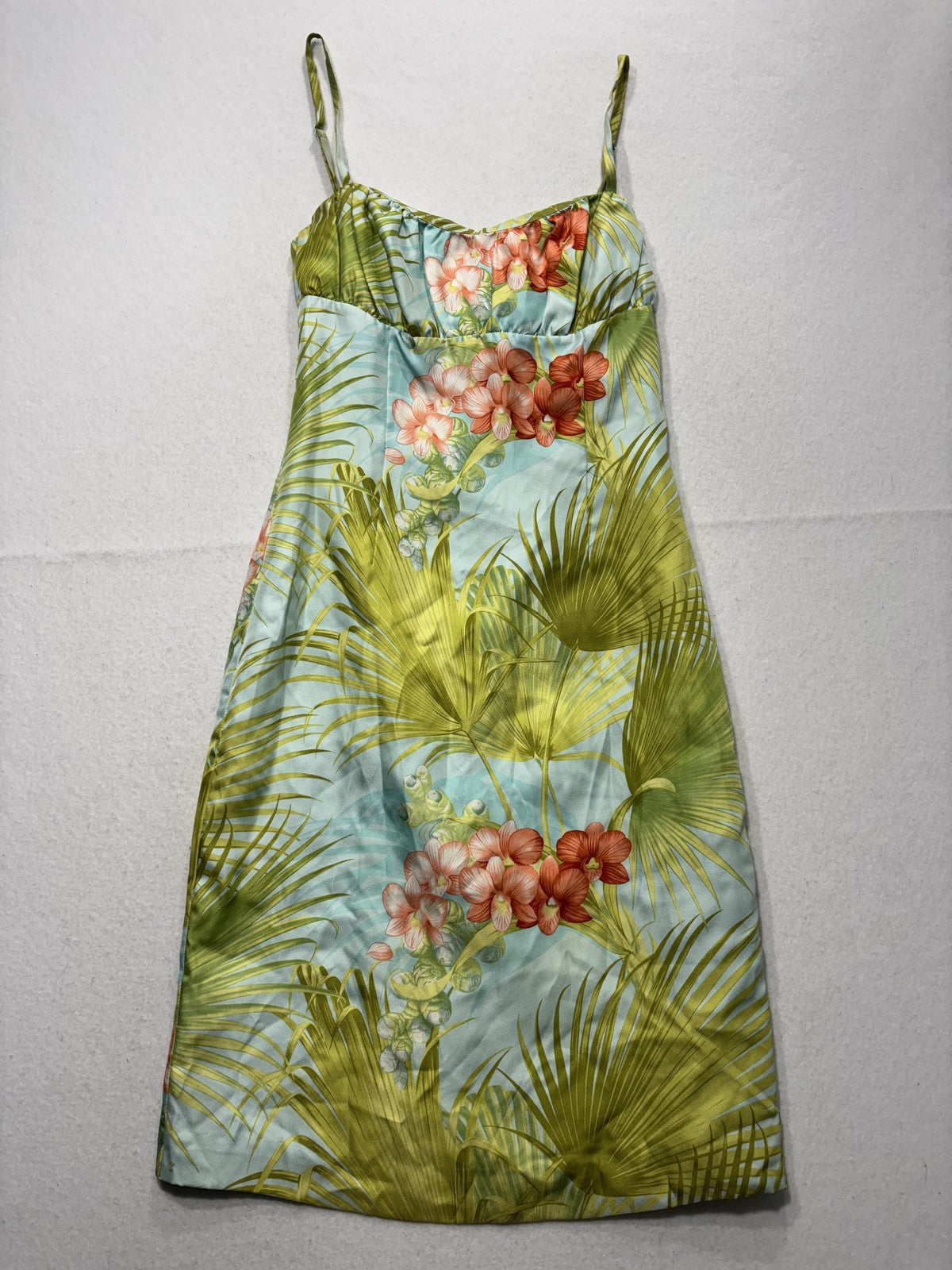 Tommy Bahama Dress Womens 6 Green Blue Silk Floral Sweetheart Sundress Strappy