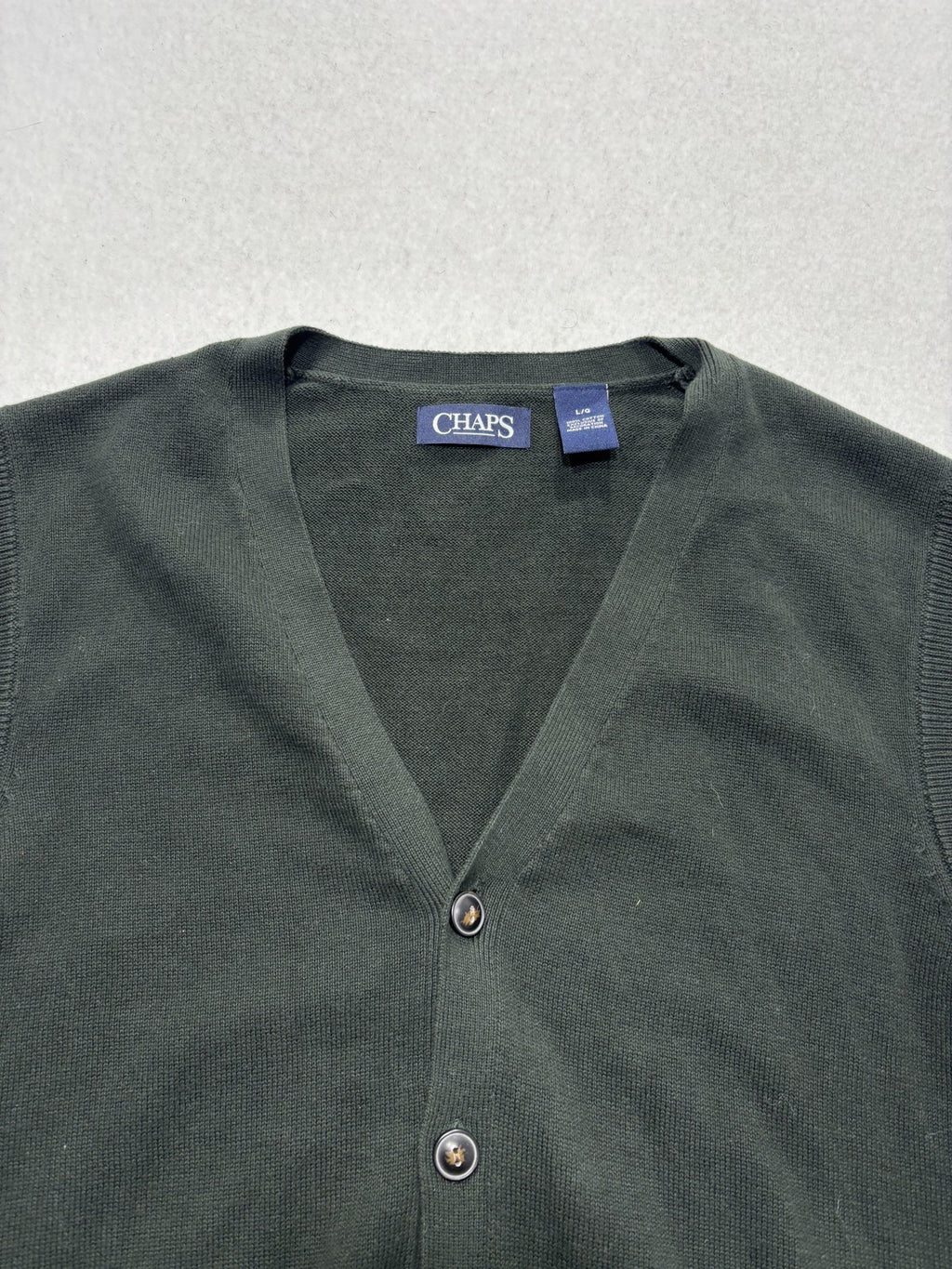 Chaps Sweater Vest Mens Large Green V Neck Button Front Cotton Knit Pockets