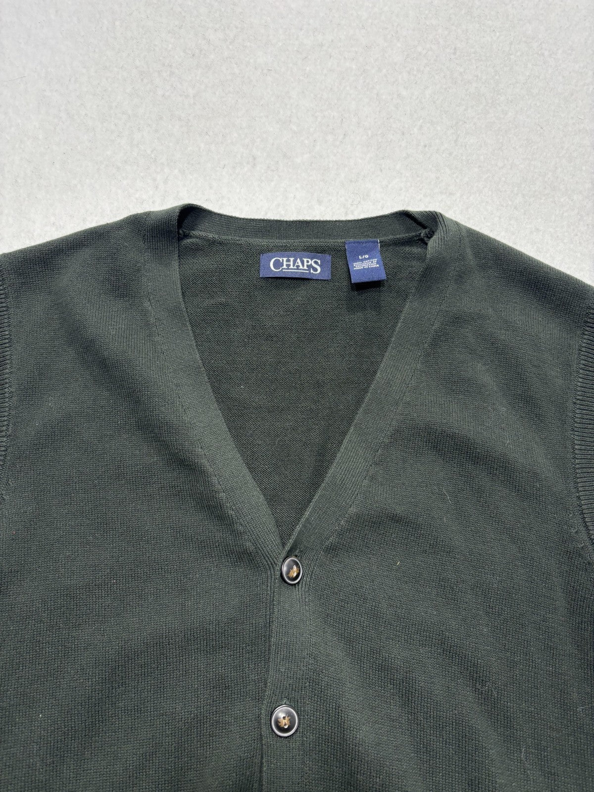 Chaps Sweater Vest Mens Large Green V Neck Button Front Cotton Knit Pockets
