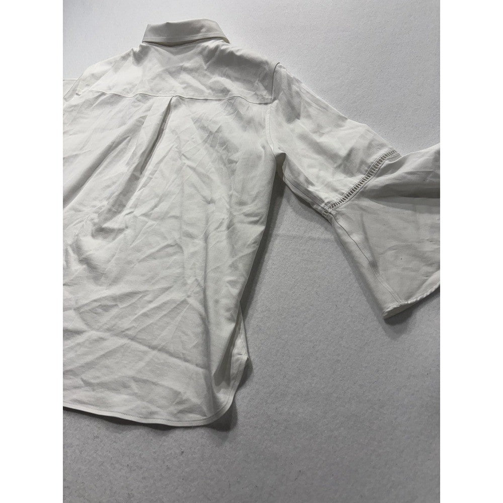 Chico's Blouse Womens 12 White Button Front Collared 3/4 Bell Sleeve Tunic Top