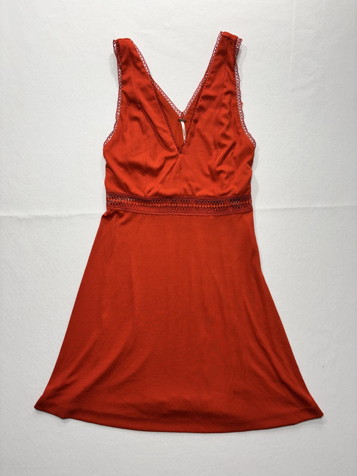 Free People Dress Womens 12 Orange V Neck Crochet Fit Flare Sundress Boho