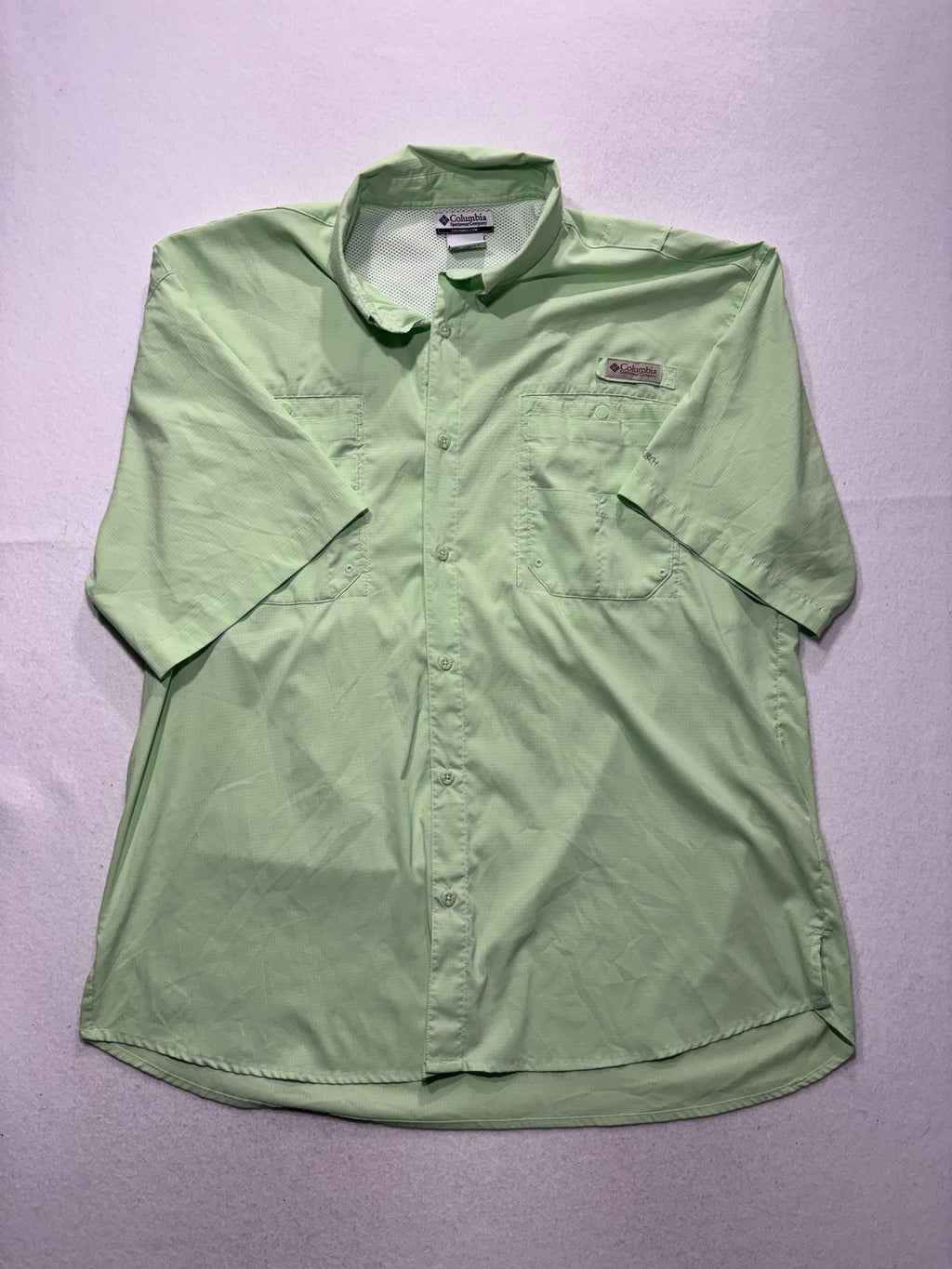 Columbia PFG Shirt Mens 2XL Green Short Sleeve Fishing Button Up Vented UPF 30+