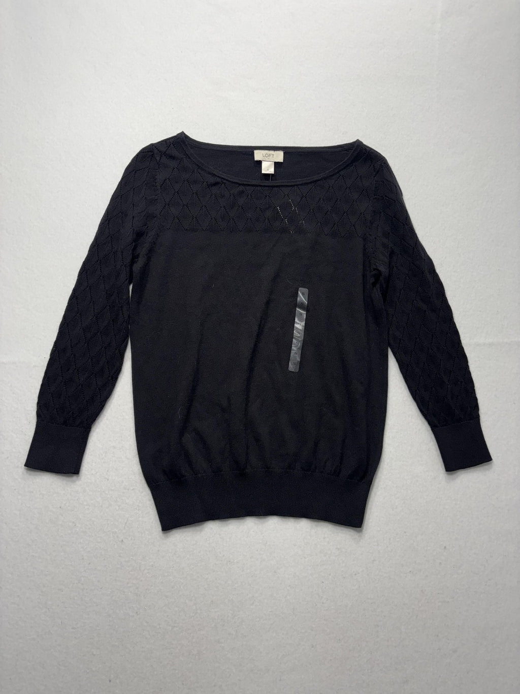 LOFT Sweater Womens Small Black Boat Neck Diamond Knit Sleeve Pullover Top