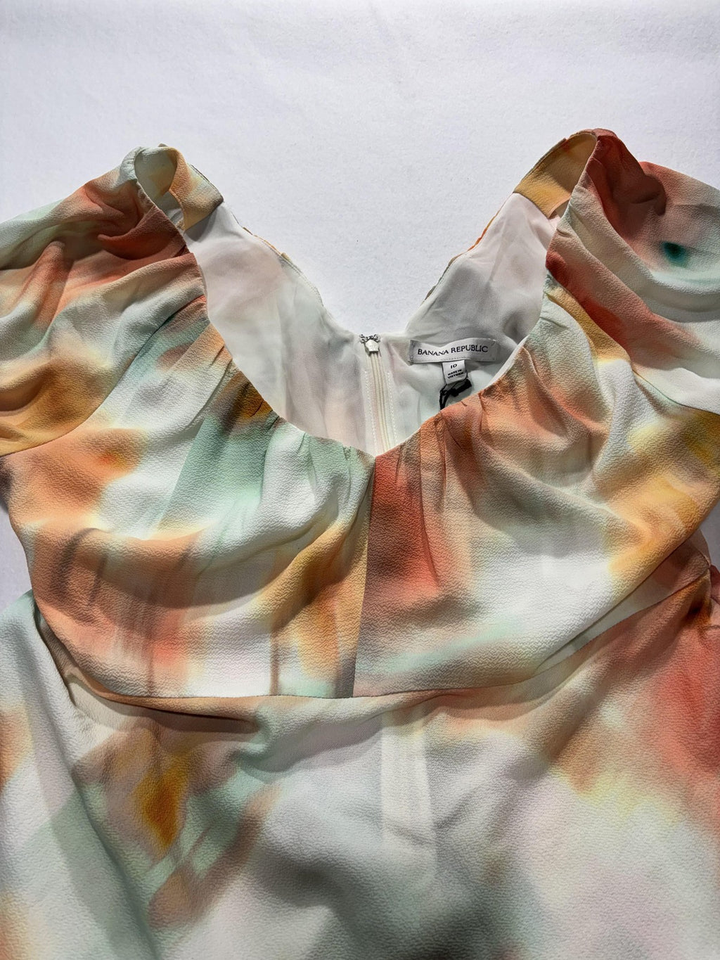Banana Republic Dress Womens 10 Multi Floral V Neck Puff Sleeve Fit Flare Midi