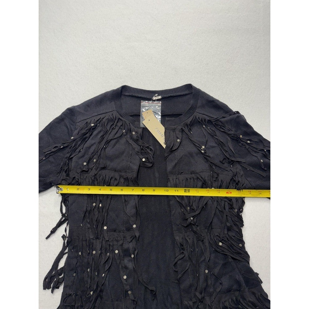 Chan Luu Cardigan Womens XS Black Fringe Sequin Knit Open Front Boho Long Sleeve