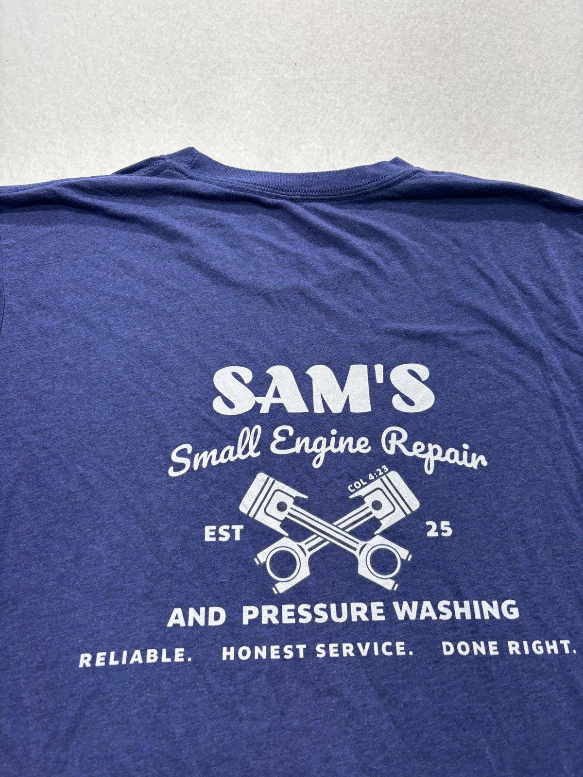 Sam's Small Engine Repair Shirt Mens Large Blue Pressure Washing Graphic Tee