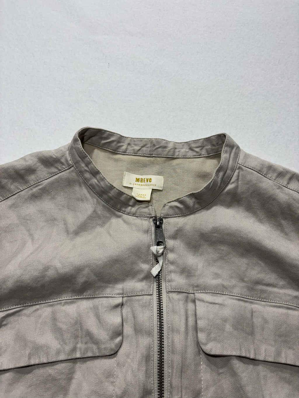 Maeve Jacket Womens L Beige Linen Blend Collarless Full Zip Waist Drawstring