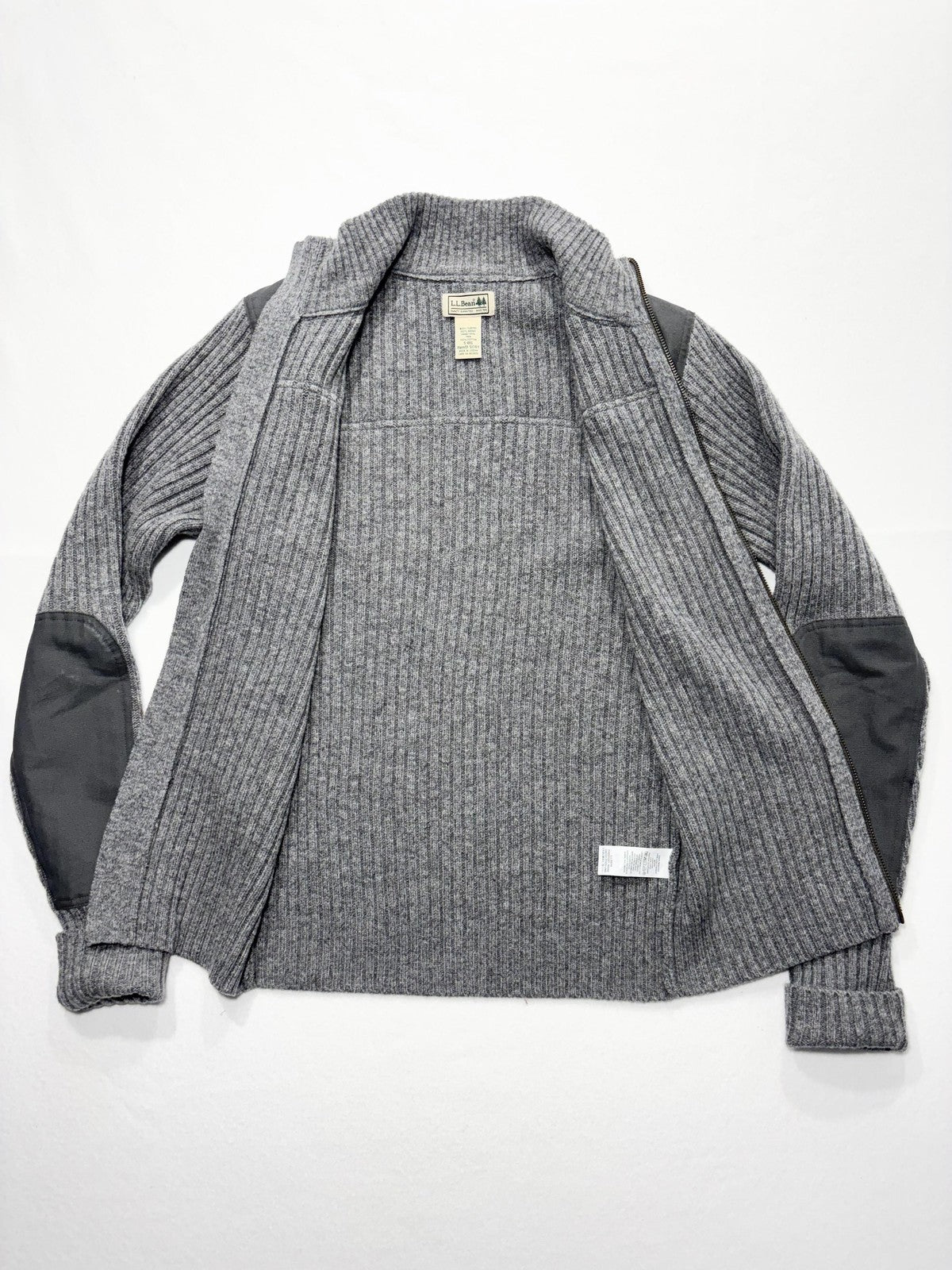 L.L. Bean Sweater Mens Small Gray Ribbed Wool Full Zip Commando Mock Neck Knit