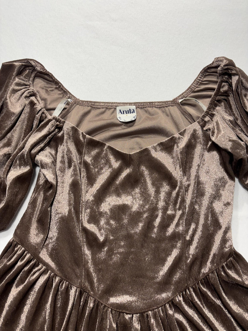 Arula Dress Womens 0X Brown Velvet Puff Sleeve Fit Flare Party Cocktail