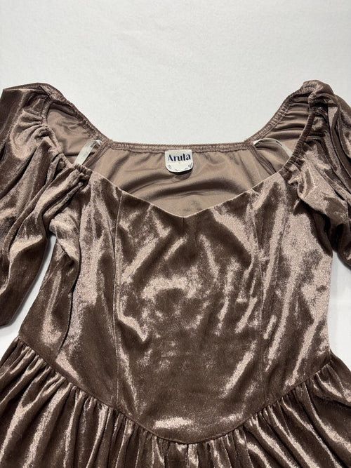 Arula Dress Womens 0X Brown Velvet Puff Sleeve Fit Flare Party Cocktail