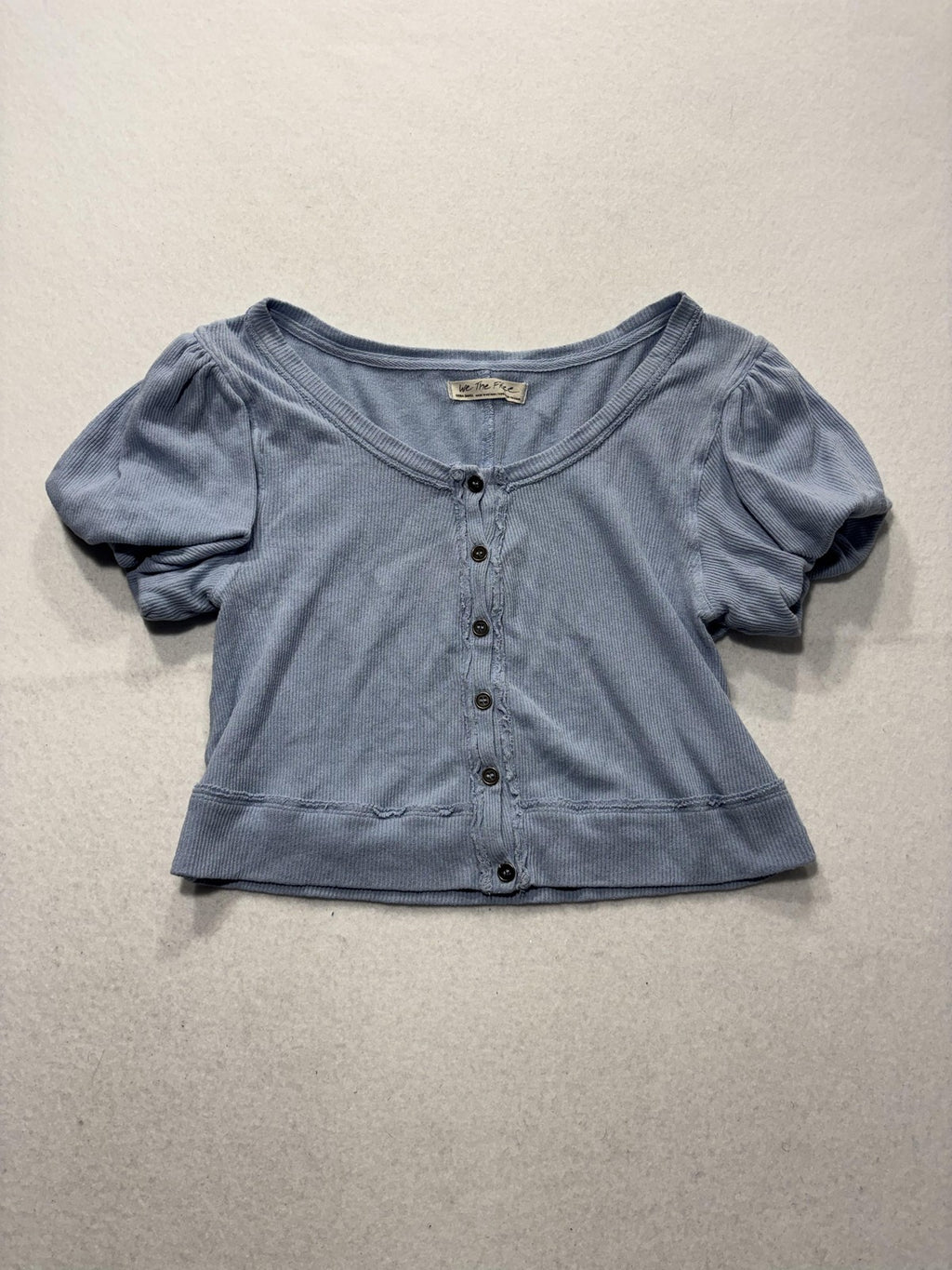 We The Free Shirt Womens XS Blue Scoop Neck Puff Sleeve Cropped Button Knit Top