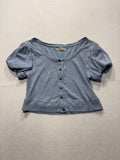 We The Free Shirt Womens XS Blue Scoop Neck Puff Sleeve Cropped Button Knit Top