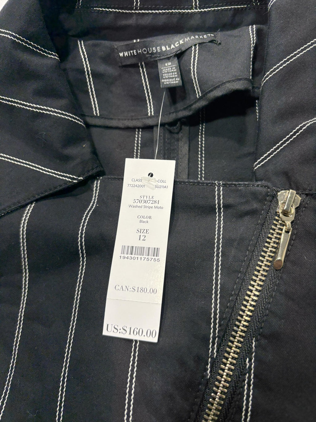 White House Black Market Moto Jacket Womens 12 Black Stripe Twill Zip Short