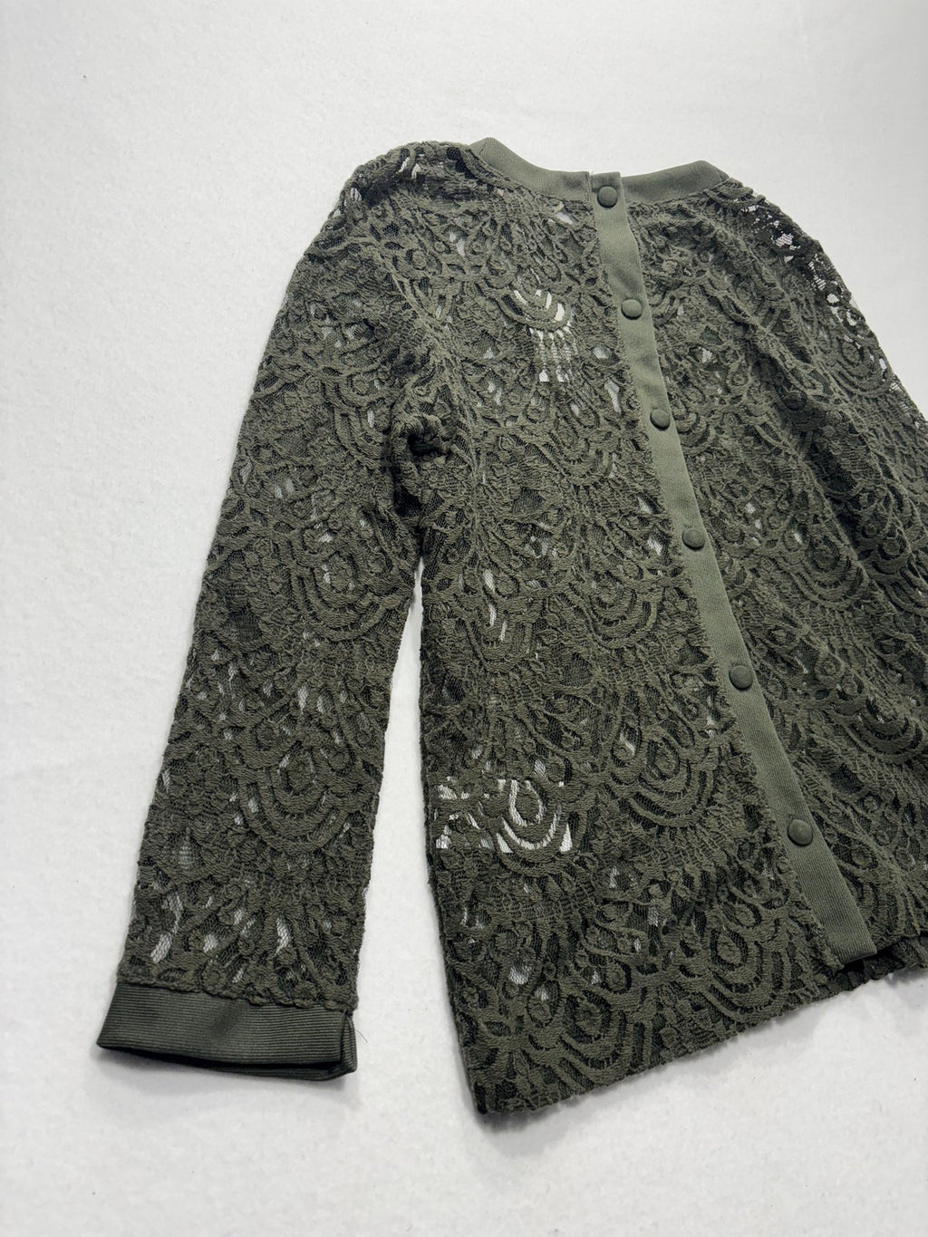 Banana Republic Blouse Womens Medium Green Lace Crew Neck Long Sleeve Sheer Top