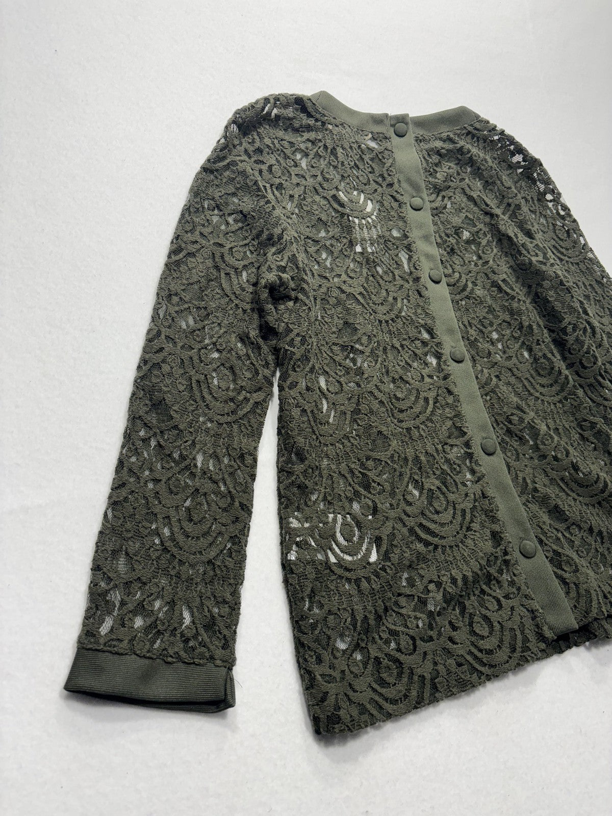 Banana Republic Blouse Womens Medium Green Lace Crew Neck Long Sleeve Sheer Top