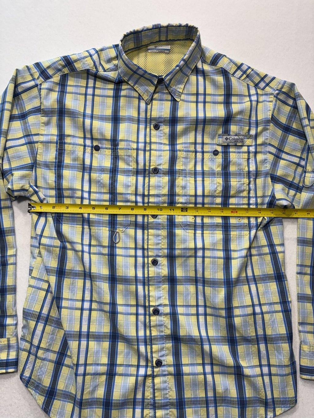Columbia PFG Shirt Mens Medium Yellow Blue Plaid Long Sleeve Fishing Button Up