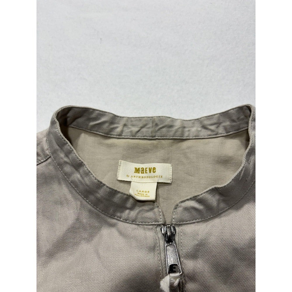Maeve Anthropologie Womens L Beige Linen Collarless Zip Utility Jacket OB1534006