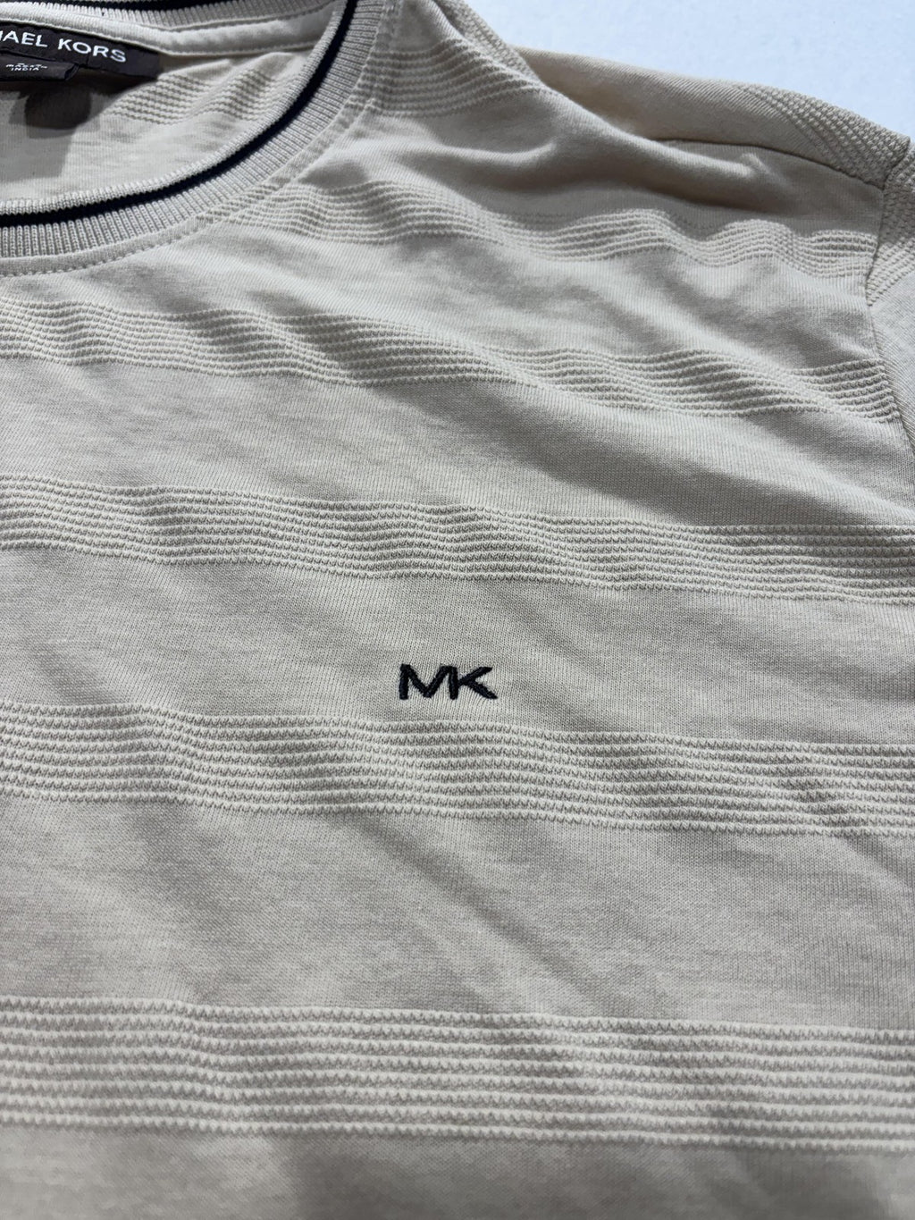 Michael Kors Shirt Mens Large Beige Textured Stripe Crew Neck Short Sleeve Tee
