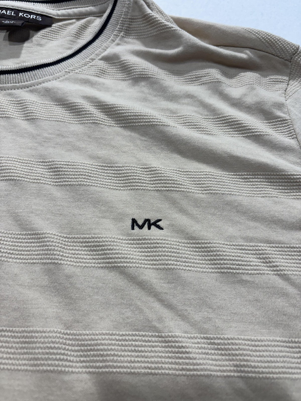 Michael Kors Shirt Mens Large Beige Textured Stripe Crew Neck Short Sleeve Tee
