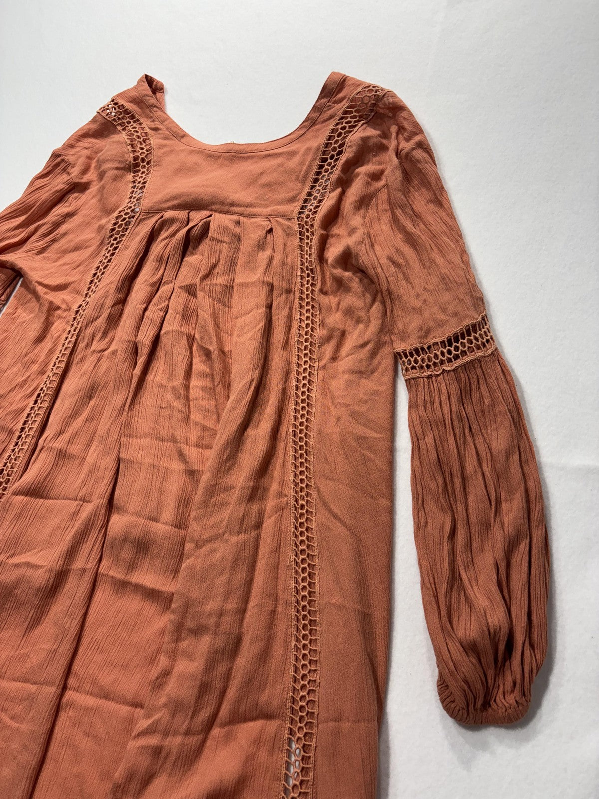 Free People Dress Womens Small Orange Scoop Neck Crochet Long Sleeve Boho Swing