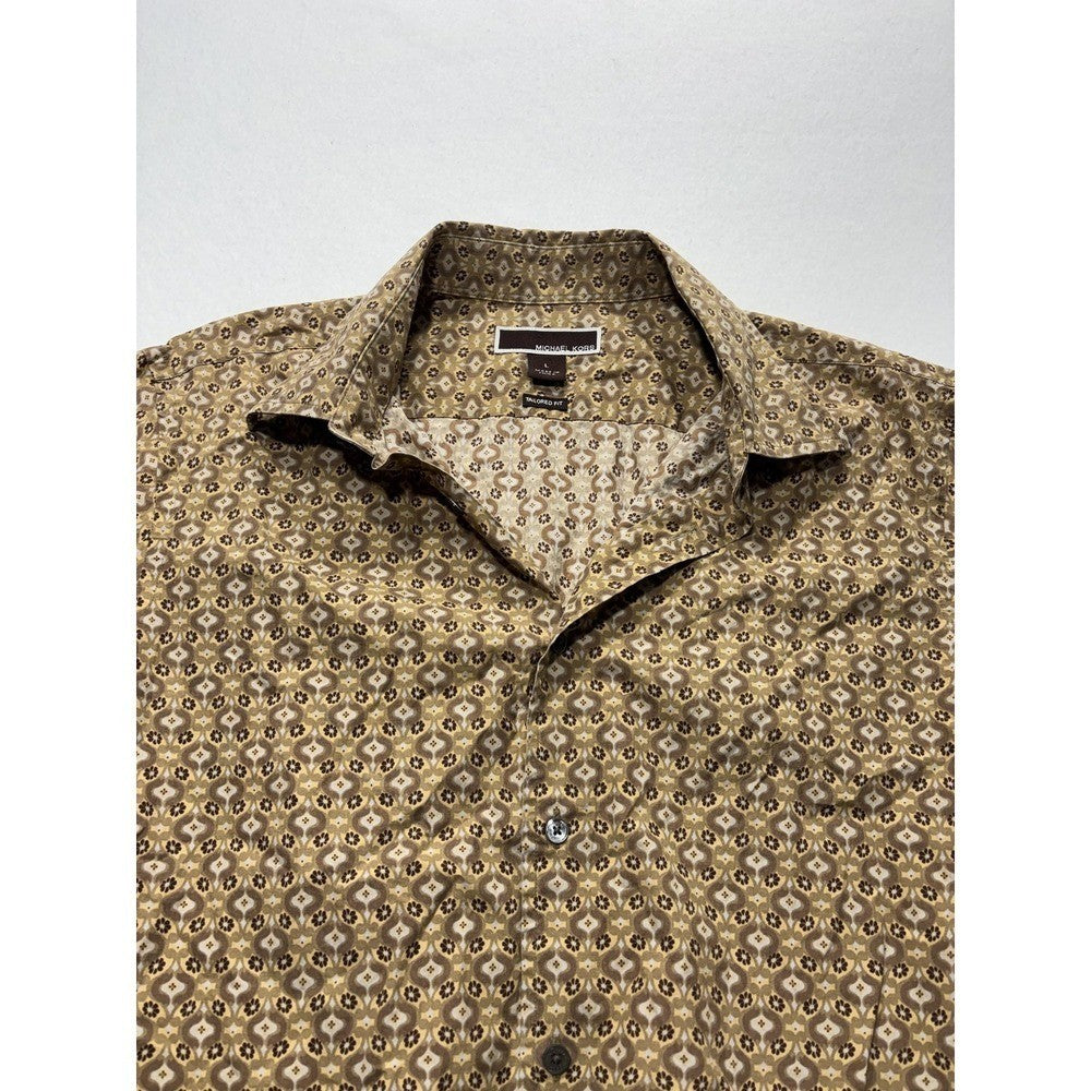 Michael Kors Dress Shirt Mens Large Brown Floral Long Sleeve Tailored Fit Cotton