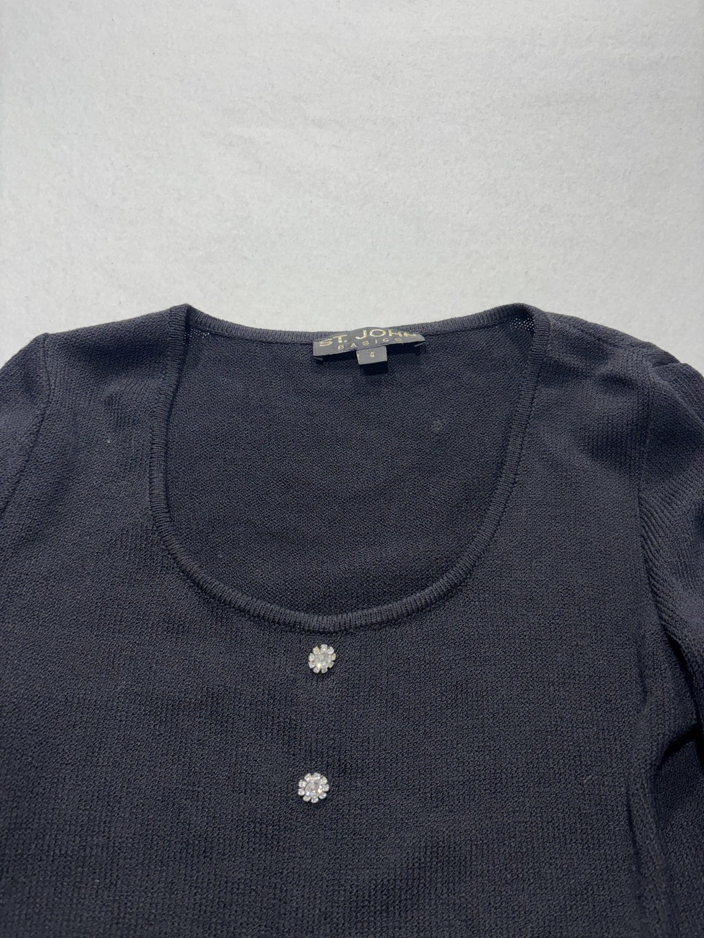 St. John Sweater Womens 4 Black Scoop Neck Rhinestone Button Long Sleeve Knit